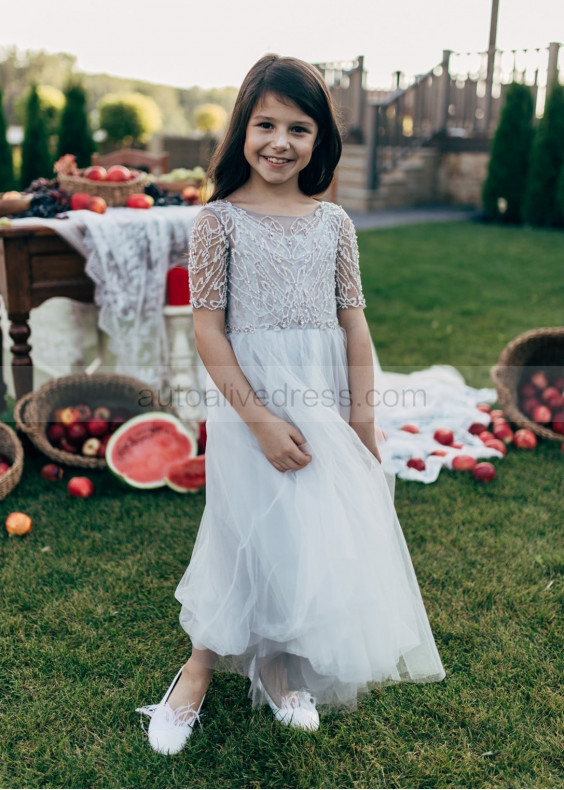 Beaded Grey Blue Tulle Ankle Length Flower Girl Dress